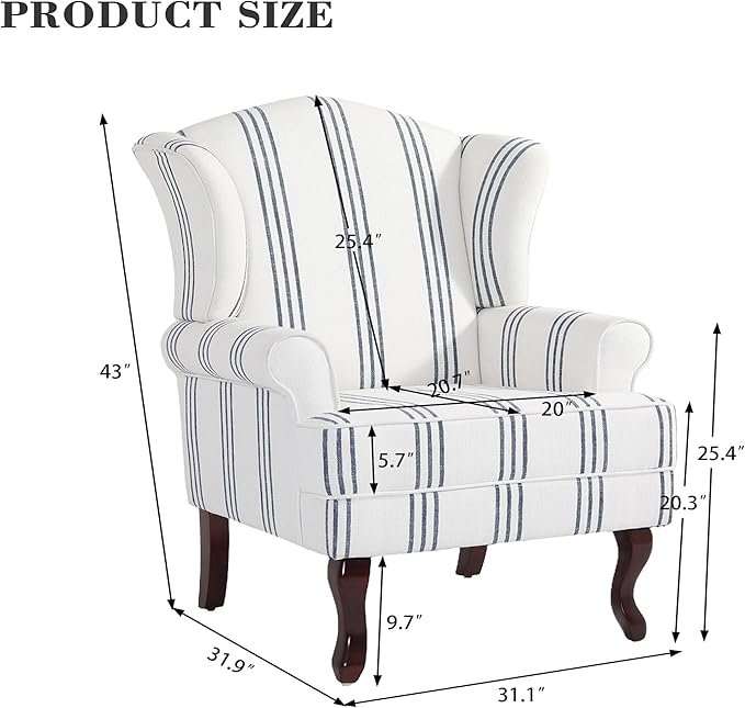Pia Ricco Stripe High Back Floral Accent Chair, Upholstered Fabric Armchair with Solid Wood Legs - Retro Living Room Reading Chair, Comfortable Single Sofa Seat-Navy