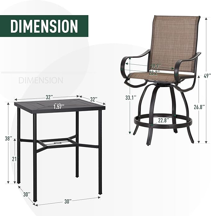 PHI VILLA 3PCS Patio Bar Set, Metal Bar Height Table and 2 Counter Height Swivel Chairs with Textilene Fabric and Thickened Black Metal Frame,High Patio Furniture for Garden,Yard