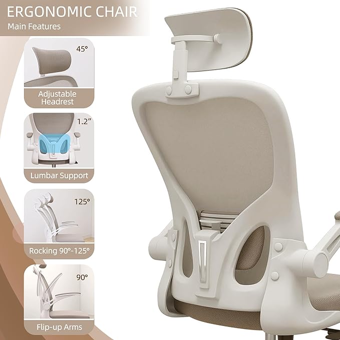 Ergonomic Office Chair, High-Back Mesh Computer Desk Chair with Adjustable Height, Lumbar Support, Flip-Up Armrests,headrest，and Swivel Rolling Design for Home and Office Use