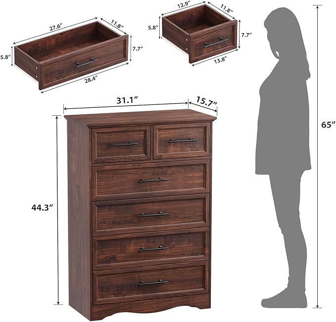 Walnut Farmhouse Dresser for Bedroom, Modern 6 Chest of Drawers, 44" Tall Chest of Drawers with Brushed Metal Handle, Wood Closet Organizers and Storage Cabinet for Bedroom, Living Room, Hallway