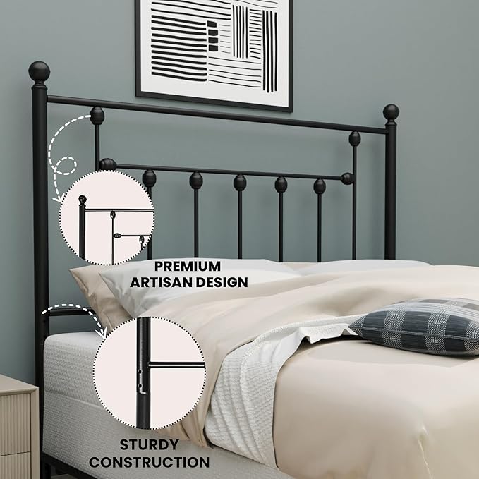 Victorian Metal Headboards, Adjustable Height Iron Frame, Rustic Farmhouse Style, Elegant and Durable Design, Easy Assembly, Universal Fit for Kids & Adults, King Size, Black Finish