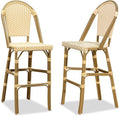 PURPLE LEAF French Bar Stool Set of 2 Bamboo Print Finish Patio Bar Stools with Back Rattan Bar Chairs Wicker Bar Height Stool 30" with Footrest Kitchen Island Stools Outdoor Barstool Cream Yellow