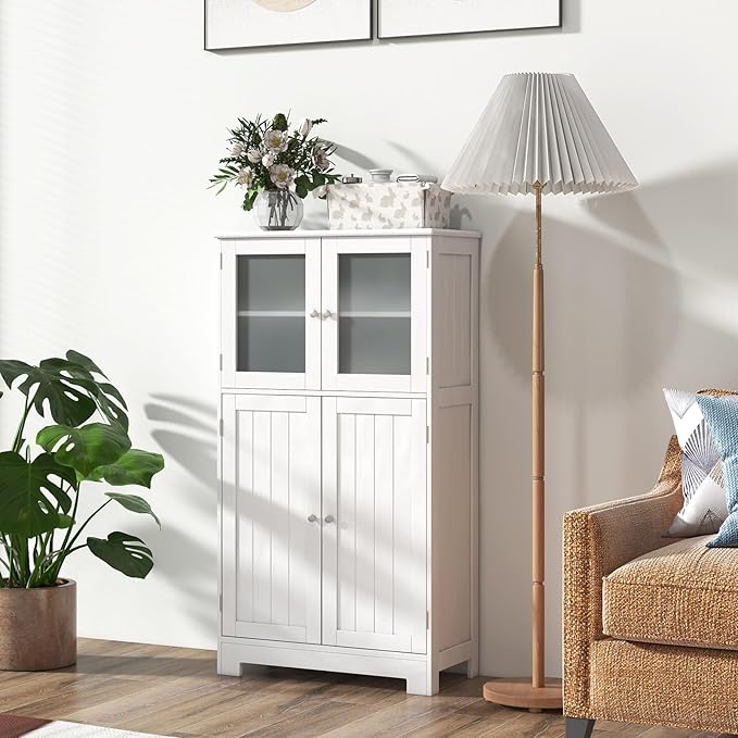 LOKO Bathroom Floor Cabinet, Storage Cabinet with Glass Doors, Wooden Kitchen Cupboard with Adjustable Shelf, Versatile Floor Storage Cabinet for Bathroom, Living Room & Kitchen (White)
