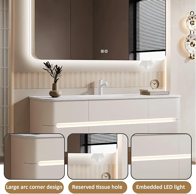 56IN Bathroom Vanity - Bathroom Vanity with Sink with Intelligent Induction Light | Wall-Mounted Bathroom Vanity with Intelligent LED Mirror Cabinet & 6 Drawers, Cream Color