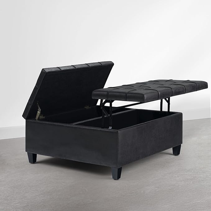 SIMPLIHOME Harrison Coffee Table Storage Ottoman - 36 inch Wide Upholstered Vegan Leather Square Ottoman in Distressed Graphite Black, Transitional Ottoman for Living Room with Split Lift-Up Lid