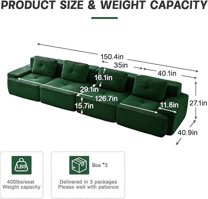 150.4” Green Boneless Couches for Living Room, Modular Sectional Sofa, 4 Seater Comfy Upholstered Deep Seat Corduroy Fabric Cloud Couch No Assembly, Anti-Slip Design