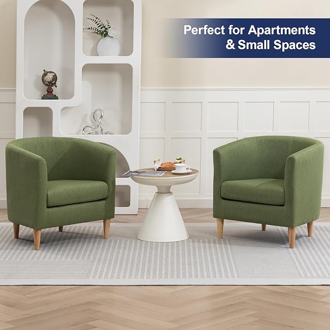 Accent Barrel Chairs Set of 2, Modern Comfy Living Room Chairs with Armrest Small Reading Chair with Cozy Soft Padded for Bedroom Reception Room Cafe, Green