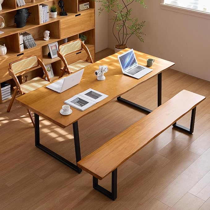 Solid Wood Top Bench with Metal Legs Durable Long Bench for Home Office Living Room Dining Room Versatile Multi Size Options Perfect Chair Stool Dining Bench Dining Chair (Light brown bench, 62.99in)