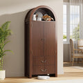 FURSUN 71" Tall Fluted Arched Bookshelf with Doors, Wood Pantry Storage Cabinet with 2 Large Drawers, Modern Versatile Bookcase for Living Room, Kitchen, Dining(Dark Walnut)