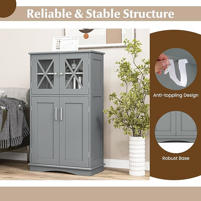 Tangkula Freestanding Floor Cabinet w/2 Glass Doors, 3-Level Adjustable Shelves, Anti-toppling Design, Kitchen Pantry Cupboard for Bathroom, Living Room (Grey)