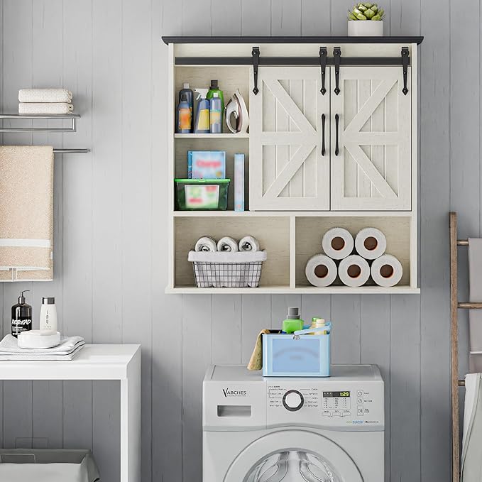 Vabches Bathroom Wall Cabinet, Farmhouse Medicine Cabinet with Double Sliding Barn Door and Adjustable Shelves, Wooden Vintage Storage Cabinet Wall Mounted for Bathroom, Kitchen, White and Black