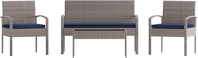 Flash Furniture Aransas Series 4 Piece Gray Patio Set with Steel Frame and Navy Cushions