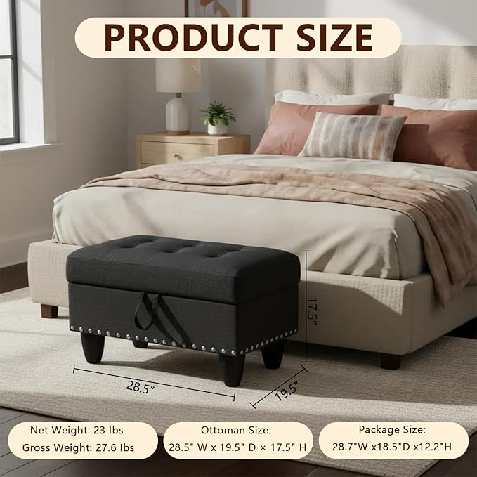 Linen Fabric Storage Ottoman with Nailhead Trim, 28.5"X19.5"X17.5" Footrest Stool, Hidden Storage Foot Stool for Living Room, Bedroom Furniture, Dark Grey