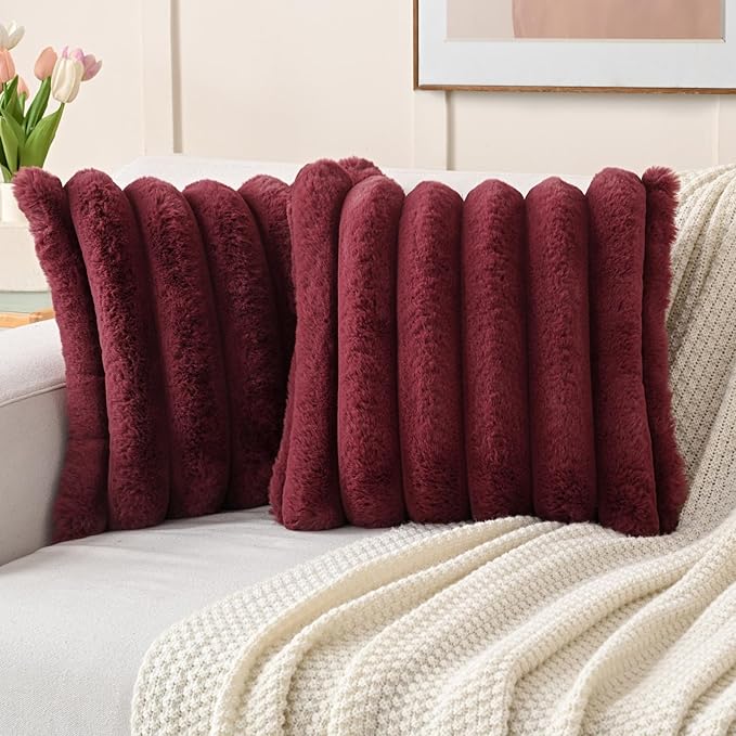 FUTEI Christmas Burgundy Decorative Throw Pillow Covers 26x26 Inch Set of 2, Square Soft Faux Rabbit Fur Thick Striped Euro Pillow Shams,Winter Home Decor for Couch Bed Living Room