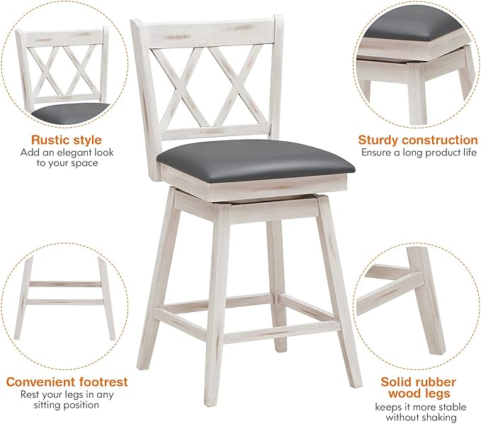 COSTWAY Bar Stool Set of 2, 360° Swivel Counter Height 25inch Bar Stool with Foot Rest Upholstered Cushion & Ergonomic Backrest, Sturdy Frame, for Pub, Kitchen Islands (2, Antique White + Grey)