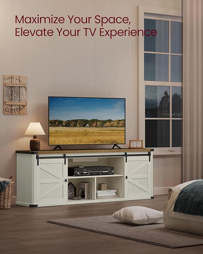 VASAGLE TV Stand for TVs up to 75 Inches, Farmhouse Entertainment Center with Sliding Barn Doors, TV Console Table for Living Room, Rustic White and Honey Brown ULTV325W73
