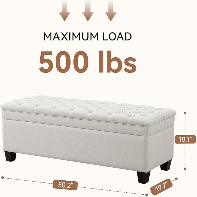 50" Storage Ottoman Bench, Rectangular End of Bed Storage Bench, Upholstered Large Fabric Tufted Ottoman with Storage for Living Room, Bedroom, Entryway,Wihte