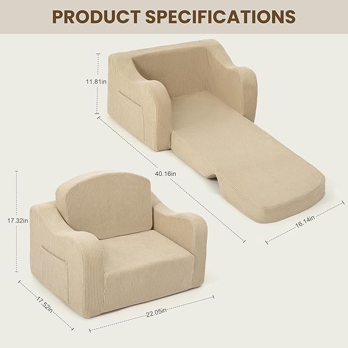 Comfy Toddler Chair for Kids, 2-in-1 Toddler Soft Plush Couch Fold Out, Convertible Kids Couch to Lounger, Baby Sofa for Boys and Girls, Beige