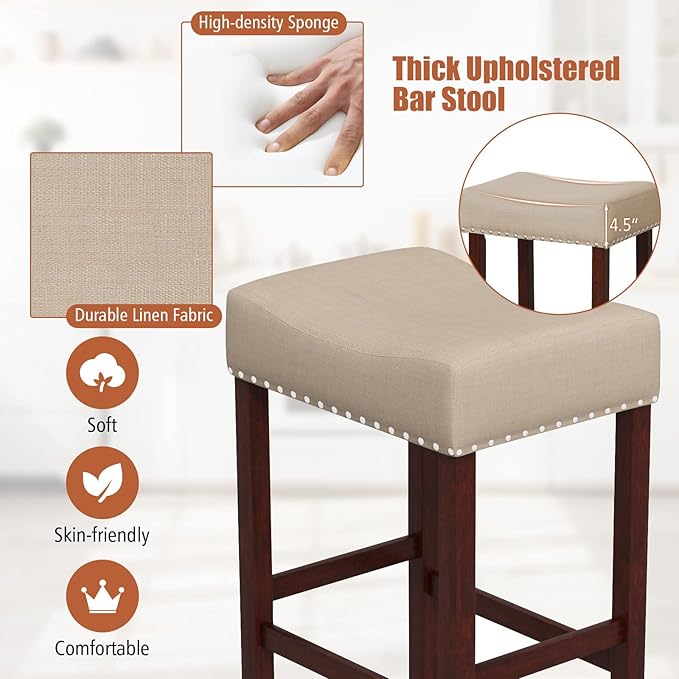 COSTWAY Counter Height Bar Stools Set of 4, 25-inch Backless Saddle Stools with Nailhead Trim, Rubber Wood Frame, Footrest, Max Load 330 Lbs, Upholstered Barstools for Kitchen Island Pub, Beige