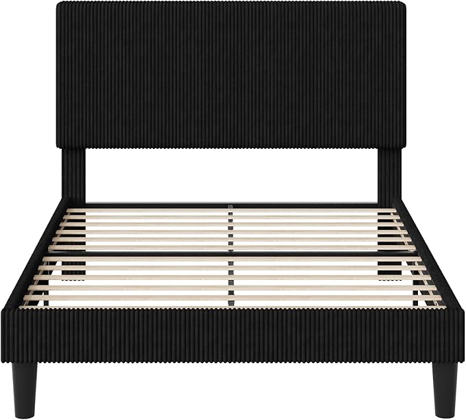 Allewie Full Size Upholstered Bed Frame with Vertical Channel Tufted Headboard, Soft Corduroy Fabric Platform Bed, Strong Wooden Slats Support, Easy Assembly, No Box Spring Needed, Black