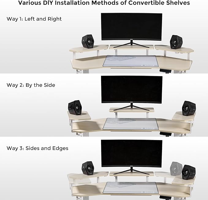 EUREKA ERGONOMIC Aero 55 Inch W Shaped Electric Standing Desk, Height Adjustable Computer Gaming Desk with LED Monitor Shelf, Mouse Pad, Headphone Hook, Cup Holder, Natural Maple