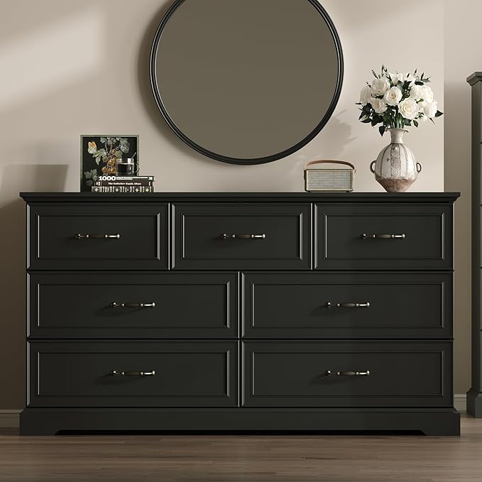 Farmhouse 7 Drawers Dresser for Bedroom, 57" Wide Modern Chest of Drawers with Deep Drawers & Bar Handles, Rustic Wood Dresser TV Stand, Wooden Closet Storage Organizer for Living Room, Hallway, Black