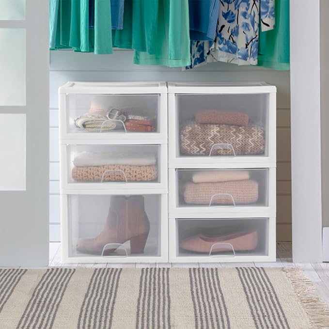 Sterilite 8-Pack 27 Quart Stacking Drawer, Clear Storage Closet Organizer, White Frame - Stackable Modular Plastic Drawers for Clothes, Accessories, Craft Supplies, Shoes or Linens
