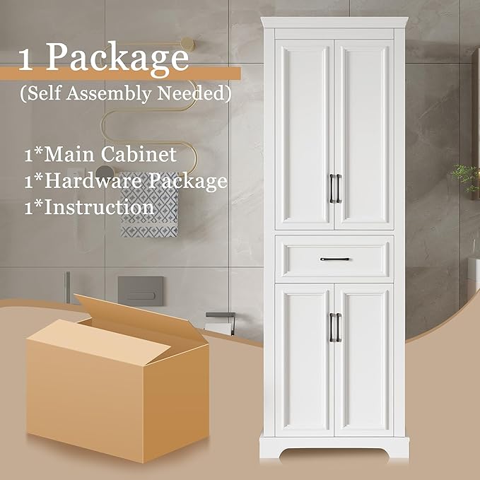 Tall Freestanding Storage Cabinet with 4 Doors & One Drawer, Multi-Purpose Organizer with Adjustable Shelf for Bathroom, Office, Living Room, White