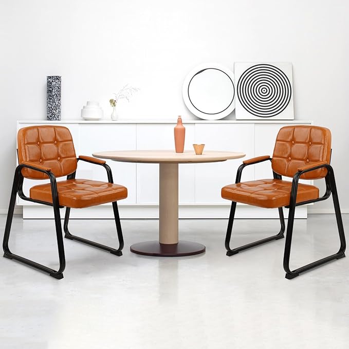 CLATINA Waiting Room Chairs with Padded Arms Leather Guest Chair no Wheels for Office Reception and Conference Desk with Sled Base Orange