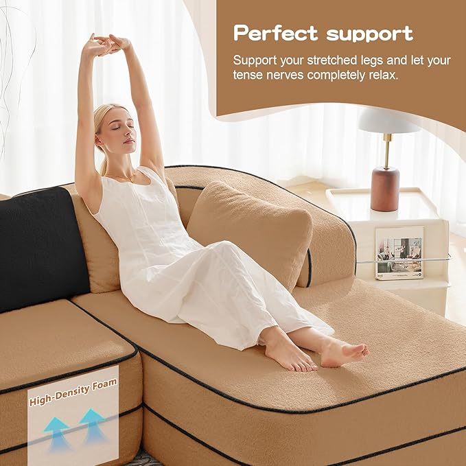 Cloud Sectional Sofa Modern Boneless Couch for Living Room, Comfy Deep Seat Comfy Teddy Fabric Double Sofa Chaise No Assembly Required (Camel, 106" L Shape with Right Facing)