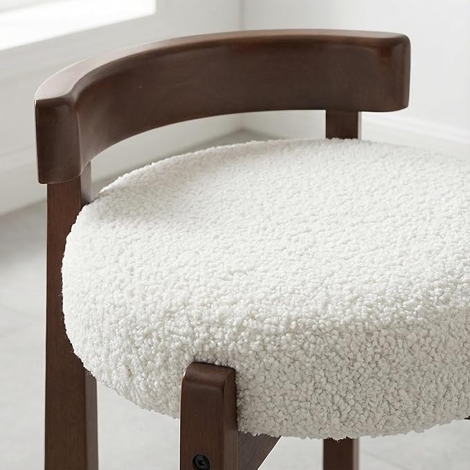 HNY Modern Boucle Ottoman : Upholstered Vanity Chair with Solid Wood Legs, Cute Round Footrest for Bedroom & Living Room, White