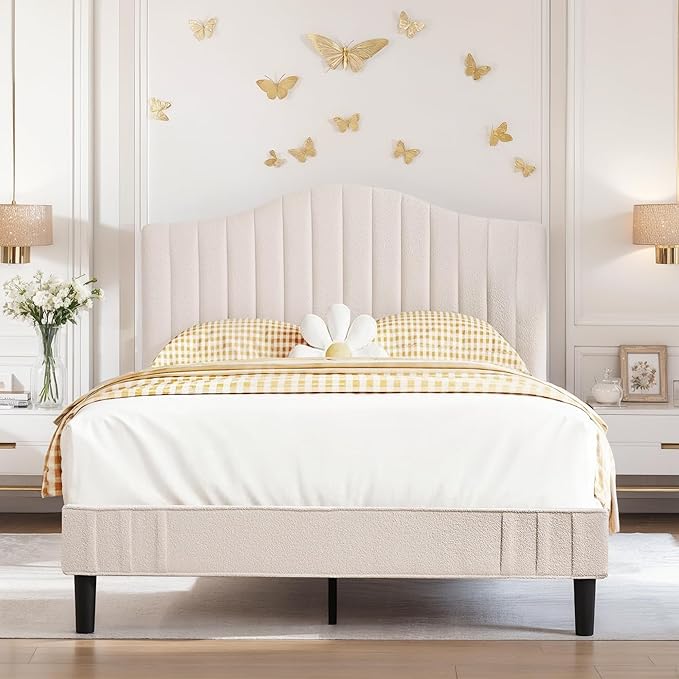 VECELO Full Size Upholstered Platform Bed Frame with Adjustable Teddy Fabric Headboard, Strong Wood Slats, 7.9" Under-Bed Storage, Noise-Free, No Box Spring Needed - Beige