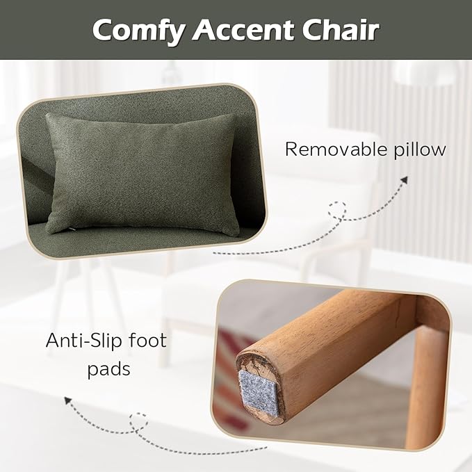 INZOY Mid Century Modern Accent Chair with High Back, Upholstered Living Room Chairs with Waist Cushion, Wood Frame Reading Armchair for Bedroom Sunroom, Green