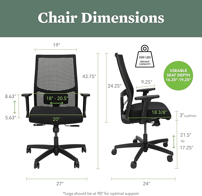 HON Ignition 2.0 Mid Back Task Chair, Spectrum Mesh, Standard Synchro-Tilt Control, Office Chair with Lumbar Support, Height and Width Adjustable Arms, Black Frame, Leaf