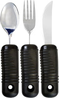 3 Piece Super Easy Grip Flatware Set - Bendable Built Up Utensils - Fork, Knife, and Spoon (Standard) - Black