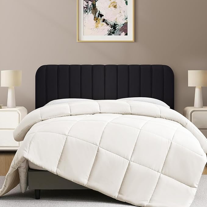 Upholstered Headboard - Striped Interval - Adjustable Height - Metal Legs - Bed Frame (Black, King (U.S. Standard))