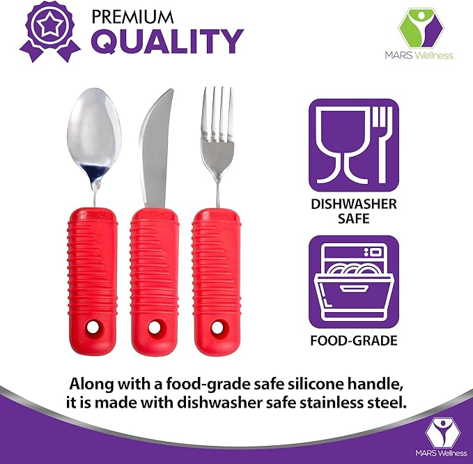 3 Piece Super Easy Grip Red Flatware Set - Bendable Built Up Large Fork, Knife, and Spoon - Red