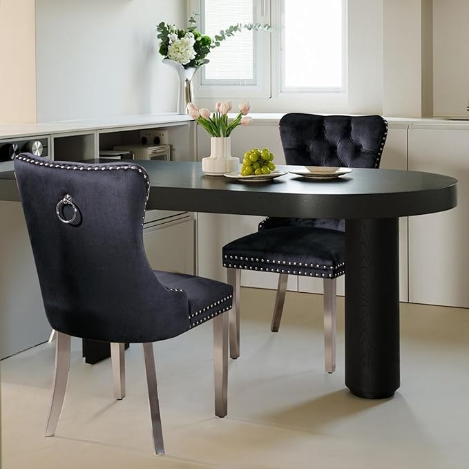 Velvet Upholstered Dining Chairs Set of 6, Modern Style Kitchen Side Chairs with Nailhead Trim and Silver Plated Leg, Metal Pulling Ring for Dining Room Living Room(Black, Set of 6)