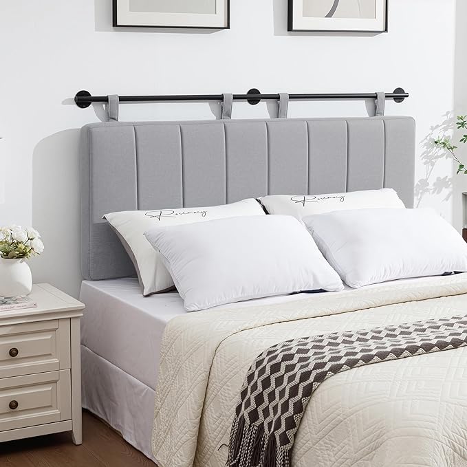 UEV Queen Headboard Only, Wall Mounted Hanging Upholstered Bed Head Board, Modern Vertical Channel Design of Fine Linen, Elegant Grey Fluted Headboard for Bedroom (Grey, Queen Size)