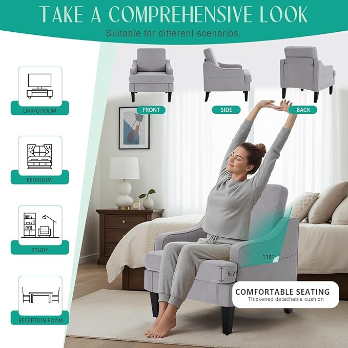 Modern Accent Chair for Bedroom Upholstered Reading Chair w/Side Pockets Comfy Living Room Chairs Living Room Armchair for Office Apartment (Grey)