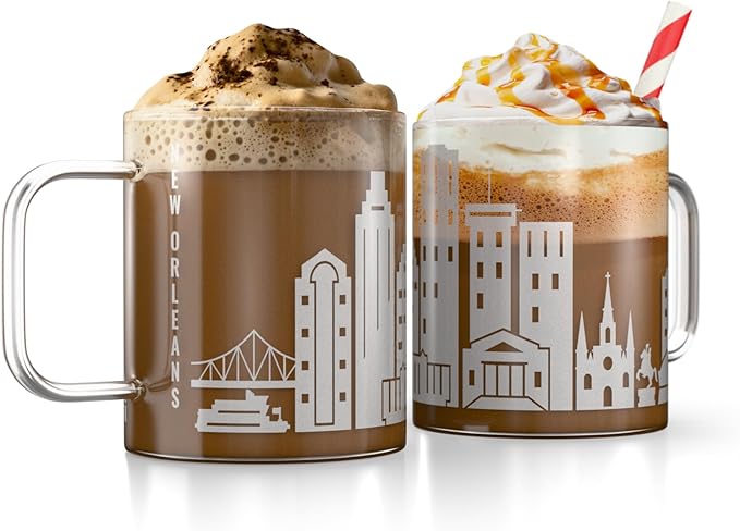 Greenline Goods – New Orleans, LA Skyline Glass Coffee Mugs (Set of 2), 15 oz – Etched Wrap Design