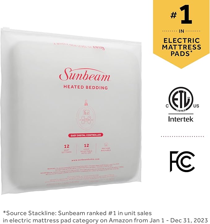 Sunbeam Electric Heated Mattress Pad Restful Quilted Extra-Cozy Fabric 12 Heat Settings 12-Hour Auto Shut-Off Deep Pocket Fit Machine Washable Queen 80" x 60"