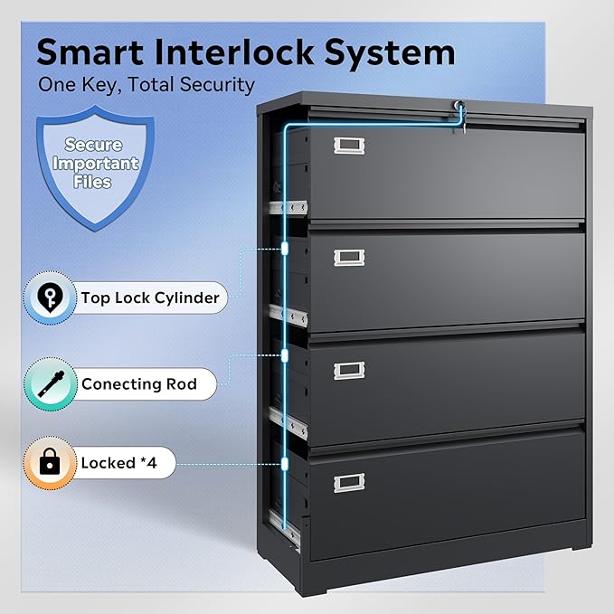 DEVAISE 4 Drawer Lateral File Cabinet with Lock, Metal Filing Cabinets for Home Office, 16" D x 35" W x 52" H Wide Storage Organization for Hanging Files Letter/A4/Legal/F4 Size, Black