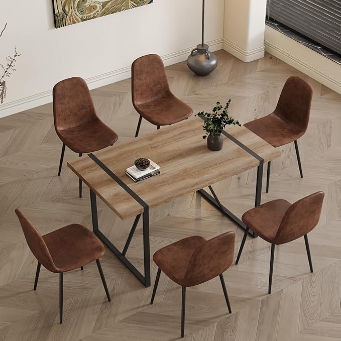 6 Chair Dining Table Set，Dinner Table Set for 6, 55'' Kitchen Table and Suede Nap Fabic Chairs Set of 6, 7 Piece Dining Table Set for Kitchen Dining Room