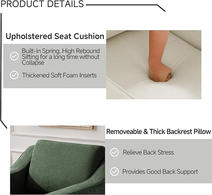 UIXE Swivel Accent Chair, Chenille Fabric Upholstered Arm Chair for Living Room, Modern Club Armchair Comfy Single Sofa Bedroom Reading Seat with Lumbar Pillow - Green