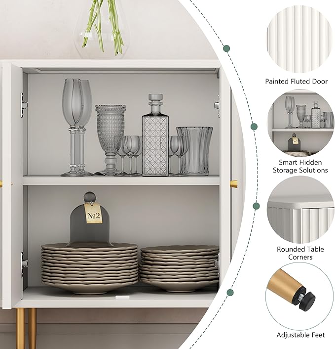 HLR Sideboard Buffet Cabinet, 48" Modern Accent Cabinet with 4 Door and Removable Shelves, Credenza with Storage for Living Room, Dinning Room, Entryway, White