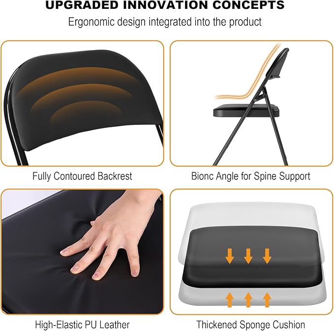 8 Pack Black Folding Chairs with Padded Cushion for Outside, Portable Stackable Commercial Metal Foldable Chairs with Steel Frame for Home Events Office Wedding Party, 350lbs Capacity
