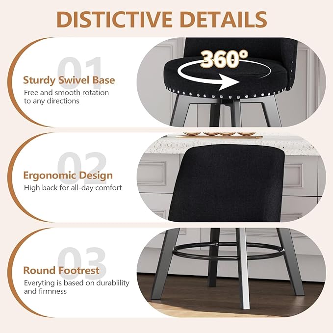 MINCETA Bar Stools Set of 2, 26 Inch Upholstered Barstools with High Back and Footrest, Swivel Counter Height Barstools for Kitchen Island Home Bar Black