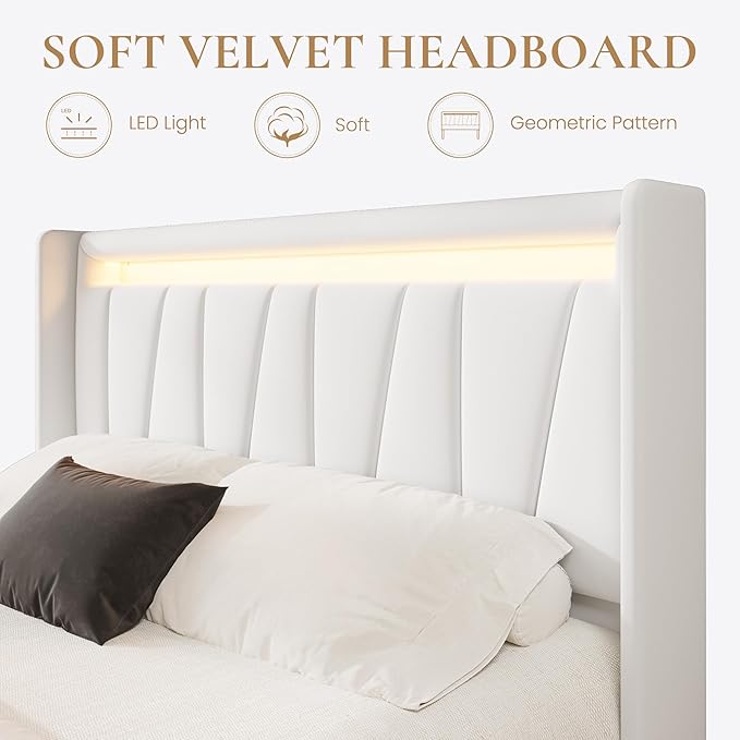 SHA CERLIN Full Size Bed Frame with Charging Station and LED Lights, Modern Velvet Platform Bed with Upholstered Geometric Wingback Headboard, No Box Spring Needed, Easy Assembly, White
