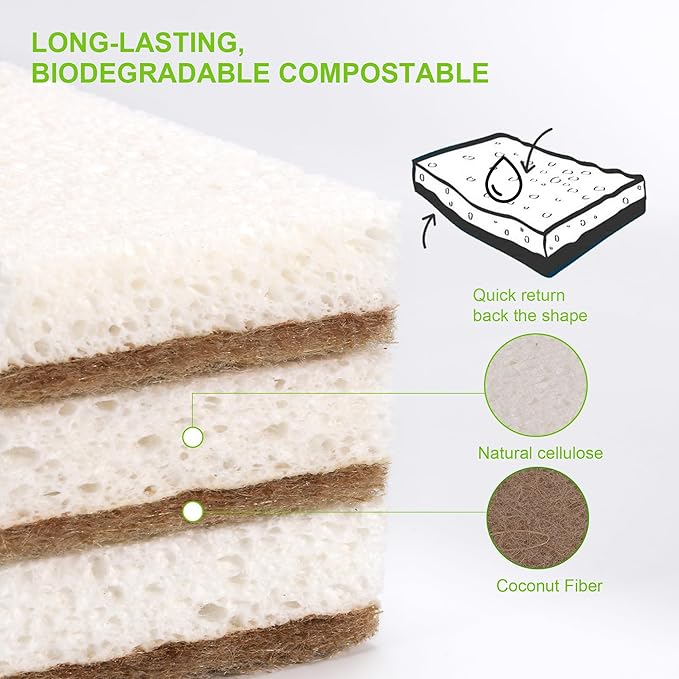 Natural Sponges for Dishes 12 Pack - Keep Soap Biodegradable Kitchen Sponge Compostable Coconut Scrubber - Eco Friendly Cleaning Sponges